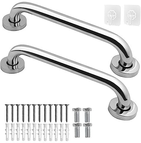 10 inch Shower Grab Rail, Happybase 2 Pack Stainless Steel Bathroom Grab Bar, Shower Handle, Bath Handle Elderly for Bathtub,Toilet,Kitchen,Stairway Handrail,Come with Mounted Screws and Hooks