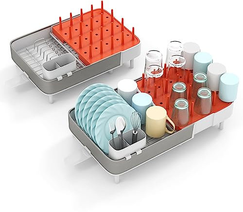COSTWAY Estante para Secado de Platos Extensible, Escurridor de Platos Ajustable de Doble Parte con Soporte Desmontable, Estante y Barras Verticales, Escurridor de Platos Auto-drenante para Cocina