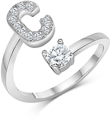 Zelaro Silber Ring mit Buchstabe | Zirkonia Ring mit Initialen | Pärchen Ringe für Mädchen Geschenk für Freundin | Frauen Ring als Schmuck Ringe zum Jahrestag | Verstellbare Ringe in Silber (C)