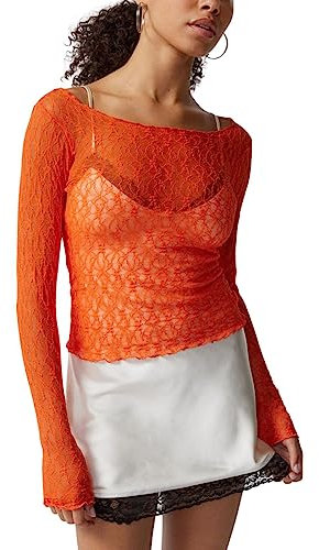 FeMereina Womens Y2K Lace Layering Top Long Sleeve Tops Sheer Mesh Crewneck Floral Embroidery See Through Shirts (Orange, XL)