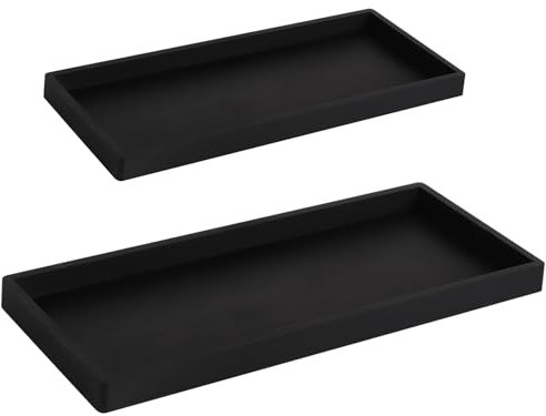 2pcs Bathroom Counter Tray, 11.8x5in & 7.87x3.93in Silicone Bathroom Vanity Tray Toilet Paper Storage Decorative Bathroom Tray Countertop for Counter Decor Dresser (Black)