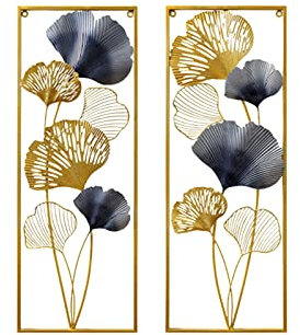 Owneed Ginkgoblätter Wanddeko Metall 2 StÜCk Wandskulpturen Rechteck Blätter Deko 3D Metallbild Wohnzimmer 85x31cm