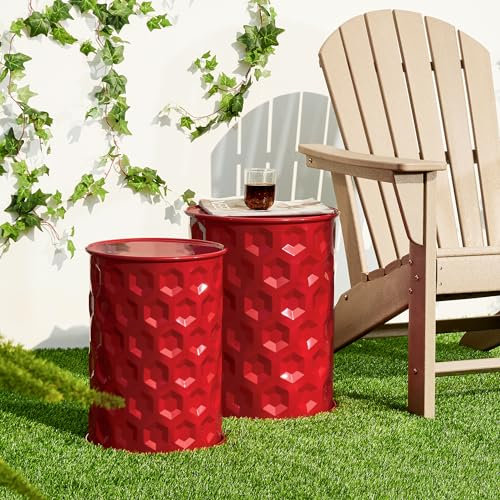 glitzhome Outdoor Beistelltische 2er Set Dekorative Gartenhocker Metall Geprägte Wabenstruktur Zylindrisch Glänzend Modern Beistelltisch Pflanzenständer Akzenttisch Rot