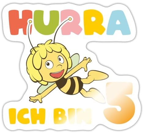 Spreadshirt Biene Maja Hurra Ich bin 5 Fünfter Geburtstag Sticker, max. 10 x 10 cm, 10 x 10 cm, Weiß glänzend