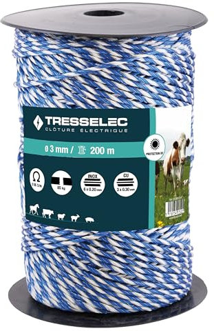 TRESSELEC - Filo per Recinto Elettrico Ø3 mm - Alta resistenza - 8 fili di acciaio inox Ø0,20 mm e 3 fili di rame Ø0,30 mm - Bobina 200m - Ideale per recintare mucche, pecore, capre e cavalli