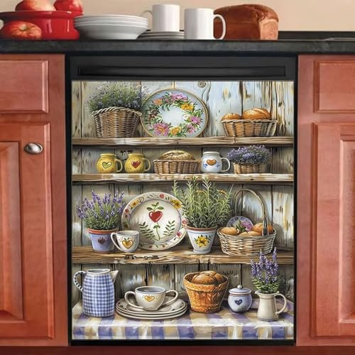 Vase Flowers and Bread Magnetic Dishwasher Cover-Cupboard Tableware Kitchen Decor Sticker, Dishwasher Door Magnet Decorative Cover,Refrigerator Magnet Decal 23x26inch
