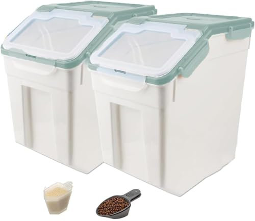YXQ Rice Storage Container 2 Pack 50 lb Flour Storage Container with Wheels, BPA Free Food Storage Container with Measuring Cup Dog Cat Food Bin Set for Dry Food Sugar, Cereal-Green