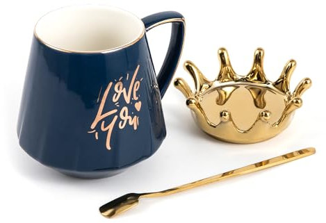 APEBAZY Creative INS Crown Ceramic Cup With Lid European Ceramic Mug Office Water Cup Home Breakfast Coffee Cups (BLEU)