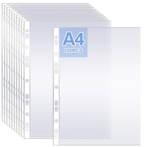 BATINO 100Pack Punched Pockets, A4 Clear Plastic Wallets 90 Micron Extra Strong Plastic Sleeves Clear Wallets Top Opening Poly Pocket Sheet Protectors for Ring Binder File Folders