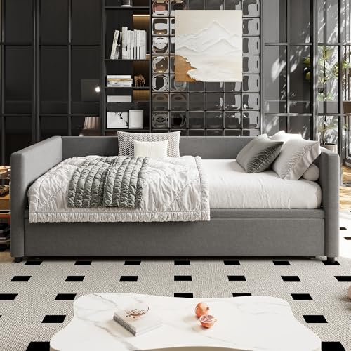 Merax Upholstered Single Bed, 3FT DayBed, 90x190cm Trundle Bed,SofaBed, Pull Out SofaBed for Adults & Teenagers, Grey Linen