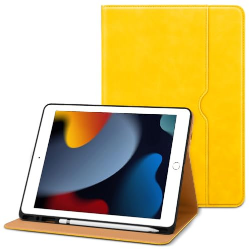 DTTO for iPad 9th/8th/7th Generation 10.2 Inch Case 2021/2020/2019, Premium Leather Business Folio Stand Cover with Apple Pencil Holder - Auto Wake/Sleep and Multiple Viewing Angles, Yellow