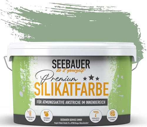 SEEBAUER diy Silikatfarbe Dunkelgrün 5L für Innen (No. 742 Sweet Kiwi) Atmungsaktive Mineralfarbe für Allergiker - Abwaschbare Wandfarbe - Grüntöne hohe Deckkraft