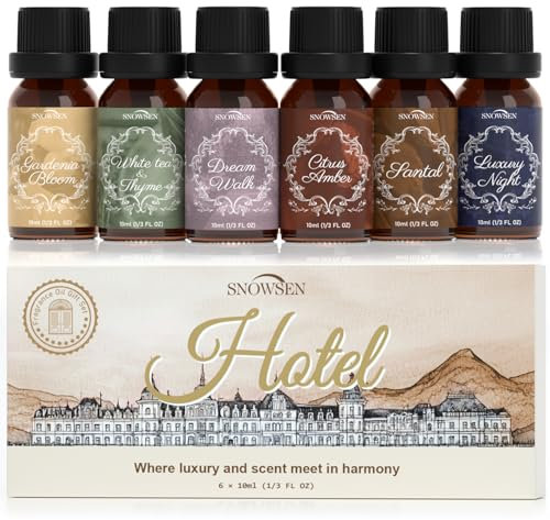 SNOWSEN Hotel Essential Oil Set, Luxury Fragrance Oils for Diffuser, Candle Scents for Soap Making, Santal, Luxury Night, White Tea & Thyme, Gardenia Bloom, Dream Walk, Citrus Amber Aromatherapy Oils