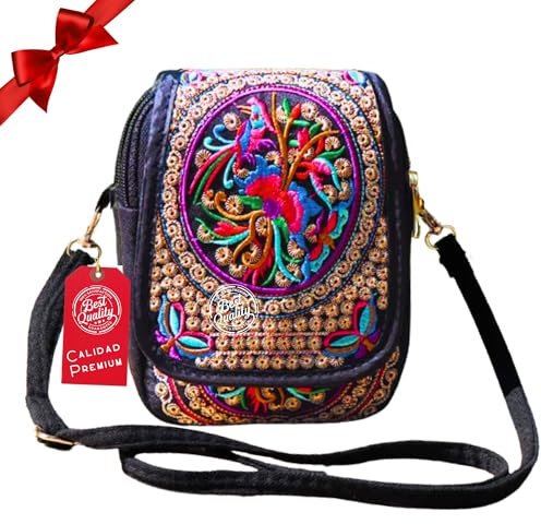 LiveLaif® Bolso Bandolera Mujer Grande | Tela Bordada, Estilo Etnico/Boho, 3 compartimentos | Bolso Movil Mujer | Bolsitos para Moviles (Bordado)