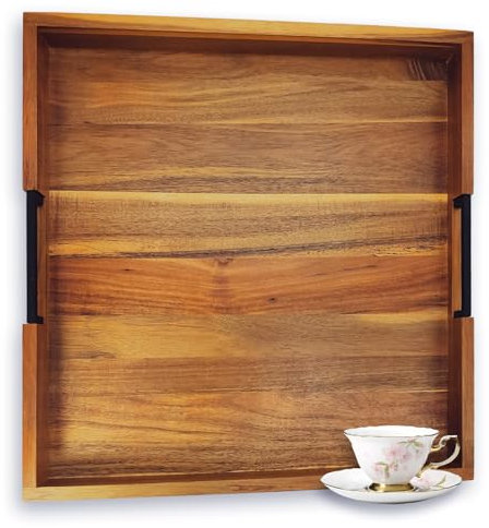 Bandeja otomana cuadrada grande para sala de estar y mesa de café, 20 x 20 pulgadas, bandeja decorativa de madera de acacia con asas para desayuno en la cama