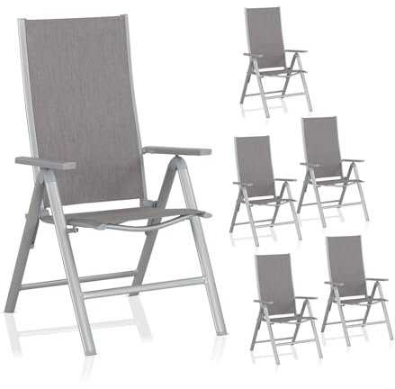 KHG Gartenstuhl Hochlehner 6er Set Alu Klappstuhl, 8-Fach verstellbare Rückenlehne mit Armlehne, Silber Grau wetterfest rostfrei, 120 kg belastbar, Balkonstuhl, vormontiert, Kunststoff Gewebe