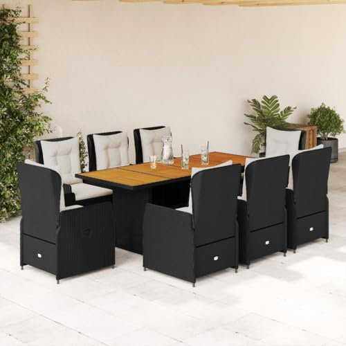 IKAYAA Rattan Essgruppe für 8 Personen, Rattan Gartenmöbel Essgruppe, Gartenmöbel Set mit Verstellbare Tisch und 8 Verstellbare Hochlehner Stühlen, Garten Sitzgruppe inkl. Sitzkissen Schwarz Type-1