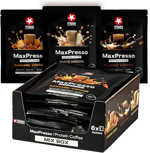 MaxiNutrition MaxPresso Mixbox 6x30g, 3 Sorten, Protein Kaffee, Whey Coffee Pulver, 21g Eiweiß pro Portion, Zuckerfrei & fettarm, Warm & kalt genießbar