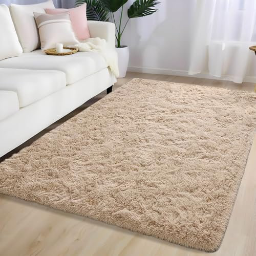 AIMECO Hochflor Teppich Wohnzimmer Carpet Beige 160X200cm Anti-Rutsch Extra Große Teppiche Schlafzimmer flauschig Teppiche Matte Teppichen Mädchen Schlafzimmer und Kinderzimmer