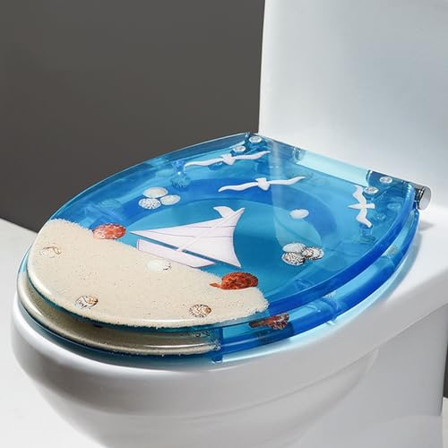 Siège de toilette Soft Close White D Shape， A, Abattant WC rond en résine, motif coquillages bleus, effet 3D