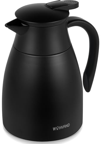 WYHVAND Thermoskanne 1 l aus Edelstahl, Isolierkanne, Schwarz | Hält lange warm oder kalt, staub- und auslaufsicherer Deckel, Einhandbedienung per Druckknopf, ideal für Zuhause und Büro