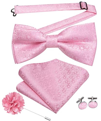 Hi-Tie Vorgebundene Fliege aus Seide für Herren, zum Anklipsen, verstellbare Fliege, Blumenmuster, Anstecknadel, Einstecktuch, Manschettenknöpfe-Set