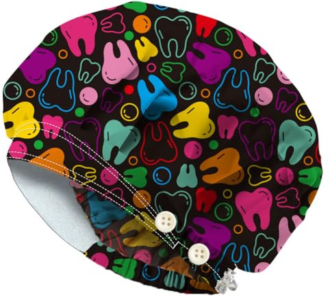 DELORIGIN Bunte Zähne Bouffant Scrub Caps Verstellbare Arbeitskappen Baumwolle Scrub Nursing Doctor Chirurg Cap Mit Knopf Und Schweißband Zum Kochen