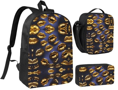 LXqlSS Gold Lips print Backpack Bookbag for Daily Use,3 Pcs Backpack Set with Lunch Box and Pencil Case