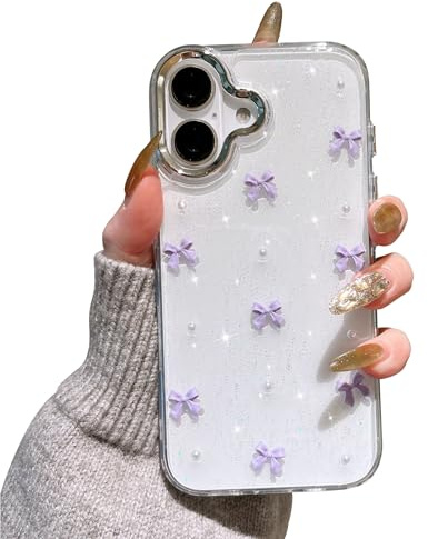EYZUTAK Handyhülle für iPhone 17, Funkelnde 3D Bowknot Telefon Hülle Nette Glitzend Kristall Klare Schleife Design Case Schlank Weich TPU Transparente Schutzhülle - Lila Schleife