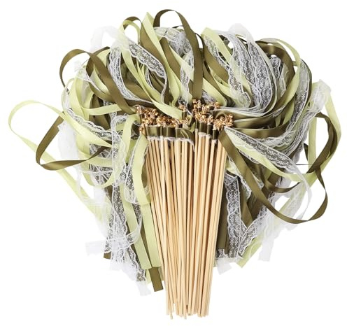 mumisuto 50 Pièces Bâtons de Ruban Mariage, Baguettees De Mariage Fée Bâton, Magiques en Soie avec Clochettes pour Mariage, Décorations D'anniversaire, Fêtes, CéLébrations (Vert)