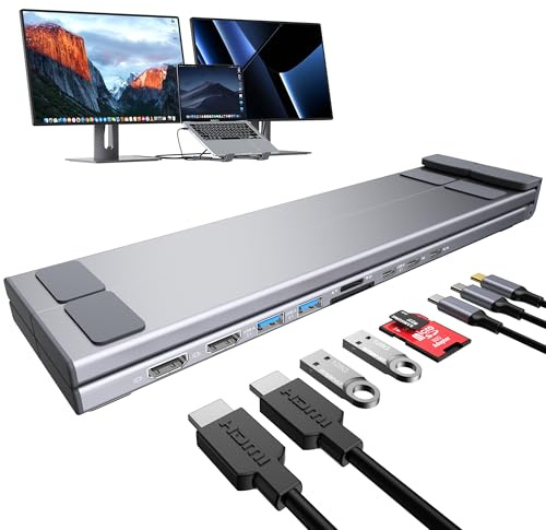 Mukiya USB C Laptop Docking Station Stand, 4K Dual Monitor, 9 in 1 USB C Hub with 2 HDMI, 2 USB 3.0, PD 100W, Universal Dock Station for MacBook Pro/Air/Dell/HP/Surface/Lenovo