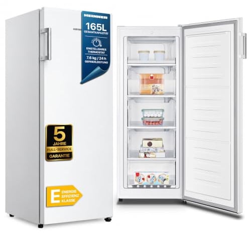 HEINNER Gefrierschrank HFF-HS165E++, 165 L, Energieklasse E, freistehend, mechanische Steuerung, einstellbarer Thermostat, 5 Gefrierfächer, manuelle Abtauung, wechselbare Tür, Weiß