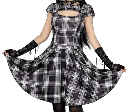 DINGJIUYAN Gothic Mini Dress Short Sleeve Lace Prom Punk Dress | Sexy,Slim Slip Dresses,Hollow Eyelet, Halloween Steampunk