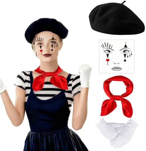 23GUANYI Pantomime Kostüm Damen Herren, Karneval Kostüm Pantomime Accessoires mit Schwarze Baskenmütze Tücher Handschuhe Gesichtstattoo Faschingskostüme Damen Männer für Karneval Fasching Mottoparty