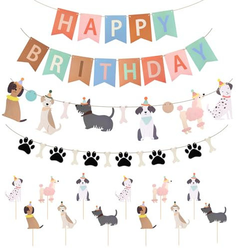 Hund Geburtstag Banner Set, Happy Birthday Dekoration mit Hundemotiv, Welpen Geburtstagsparty Zubehoer, Hundegeburtstag Deko, Geburtstagsfeier Dekorationen, Haustier Party Supplies (Stil 1)