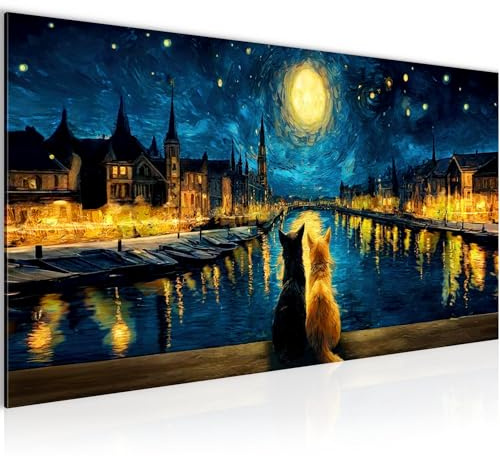 Runa Art Wandbild Tiere 100L x 40B cm Modern Bild auf Vlies Leinwand Blau Wohnzimmer Schlafzimmer Büro Katzen 058412a