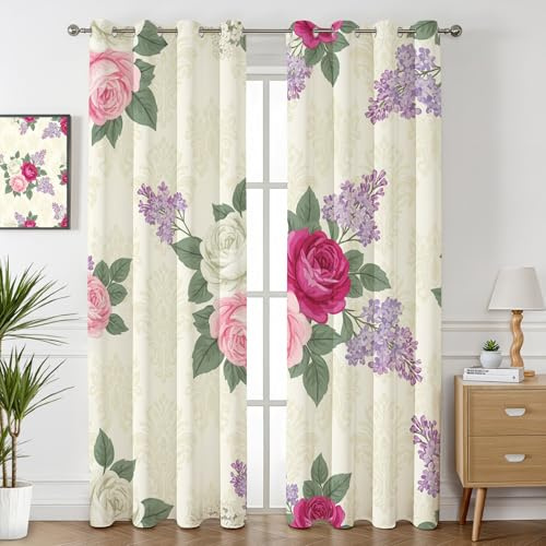 Havenix Rose Floral Blackout Curtains for Bedroom Living Room, Eyelet Curtains 90x90, Thermal Insulated Drapes for Windows, Pink and Purple Vintage Flower Patterned Window Treatments, 2 Panels