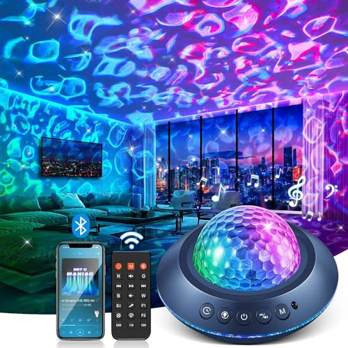 One Fire Sternenhimmel Projektor Galaxy-Projektor mit 45 Lichtmodi, 15 weißen Sounds, HiFi-Bluetooth-Lautsprecher, Wasserwellen und Sternenhimmel Lavalampe Sunset lamp Galaxy projektor