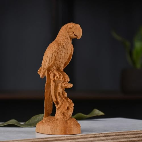 FENNYYAR Natürliche Zypresse, Tier, Papagei, Dekoration, kleine Statue, Massivholz, Schnitzerei, 12 cm, Zuhause, Zimmer, Büro, Auto-Dekoration
