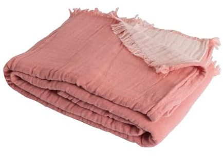 SACASA Couverture Plaid 100% Coton Rose Saumon, Franges, 180x220 cm - Confort Naturel & Bohème