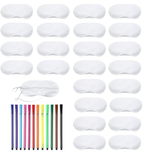 Schlafmaske Kinder,36 Stück Übernachtungsparty Mädchen Set,24 Stück Bemalbare Polyester Schlafmasken Mit 12 Farbstiften,DIY Malset Mädchen Übernachtungsparty 18,5x8,5cm für Schlafpartys, Pyjama Party