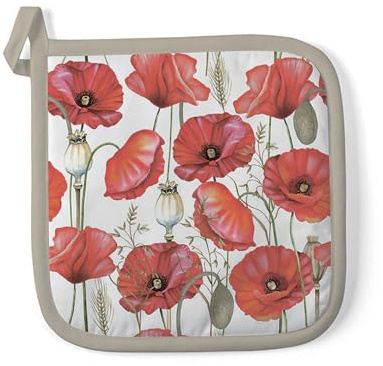 Ambiente Topflappen Baumwolle 20x20cm mit Mohn Blumen Motiv - wattiert & hitzebeständig - Küchenhelfer zum Kochen Backen Grillen - Kochzubehör Backzubehör Grillzubehör - Topfuntersetzer Weiß Rot