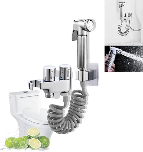 VANOXA Ducha Higiénica WC con Doble Soporte, Latón Cromado | Manguera espiral flexible | Válvula ajustable | Pistola de latón | Kit bidé WC | Doble soporte