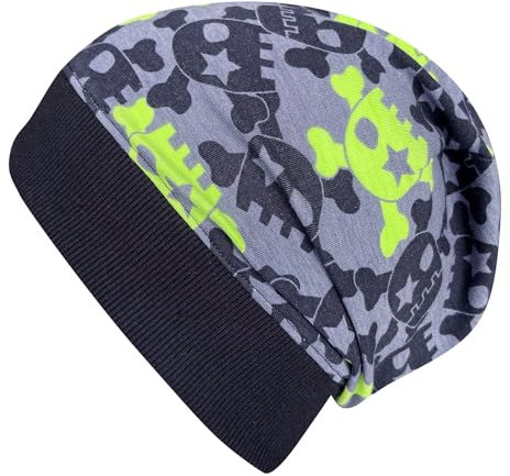 Wollhuhn ÖKO Leichte Mädchen/Jungen Beanie-Mütze Bündchen Elastisch Übergangszeit/Sommer Kinder-Mütze Baumwolle (Öko-Stoffe, Bio) 22222235 (Coole Skulls Grau/Grün, L)
