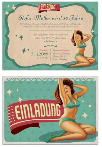 Kartenmachen.de Einladungen zum Geburtstag (10 Stück) Pin Up Girl Retro Vintage 50er 70er Einladungskarten