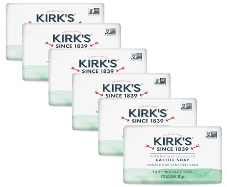 Kirk's Castile Bar Soap for Men, Women & Children - Made with Premium Coconut Oil, Sensitive Skin Formula, Vegan, Non GMO, Aloe Vera, 4 oz. Bars 6 Pack