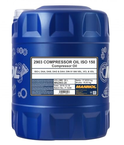 MANNOL 2903 Kompressoröl ISO 150, mineralisch, für Kolbenkompressoren, 20L | Erfüllt DIN 51506 und ISO 6521, bis 220°C, für Kolben- und Luftdrehkompressoren, Verschleiß- und Korrosionsschutz