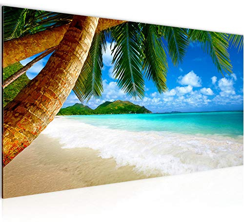 Runa Art Wandbild Strand Palmen 1 Teilig 100 x 40 cm Modern Bild auf Vlies Leinwand Meer Schlafzimmer Wohnzimmer Blau Beige 608512a