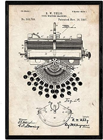 Nacnic Poster Patent Schreibmaschine. Blatt mit altem Design-Patent in der Größe A3 und Vintage-Hintergrund