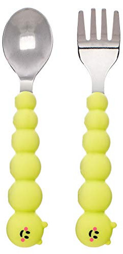 MELII set de cubiertos infantiles, set de cuchara y tenedor para niños y bebes, acero inoxidable y mangos de silicona con textura para un agarre óptimo, 14 x 3 cm